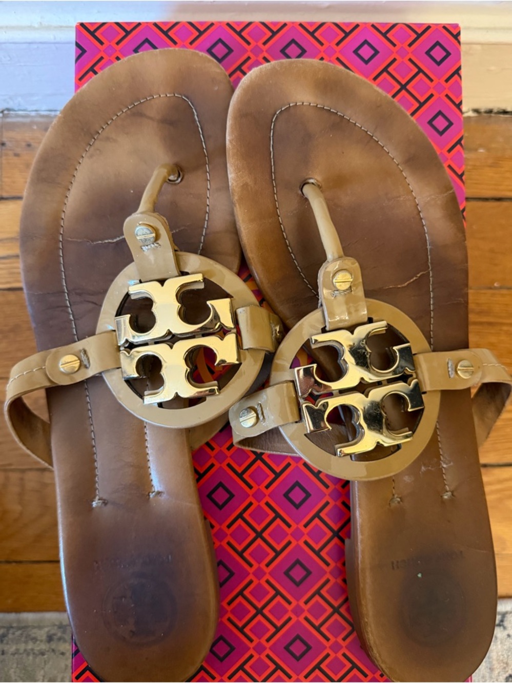 Tory Burch Miller Sandals Tan with Gold logo size 10